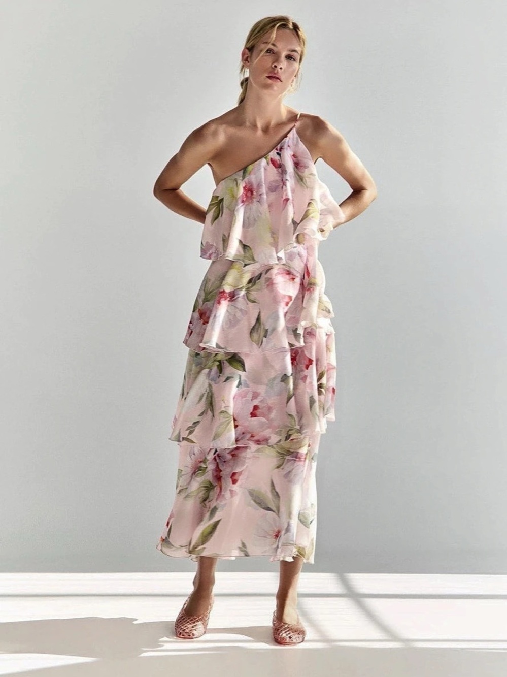 NWT H&M TIERED ONE-SHOULDER LINEN-BLEND DRESS